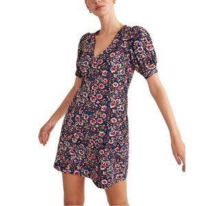 Boden V-Neck Jersey Puff Sleeve Mini Dress French Navy Eden Bloom Floral US 12
